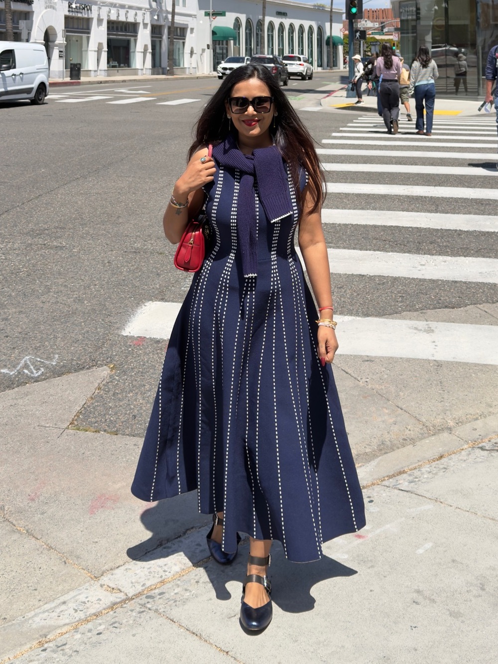 Navy Midi Fit-and-Flare Dress with Vertical Dot Stripes